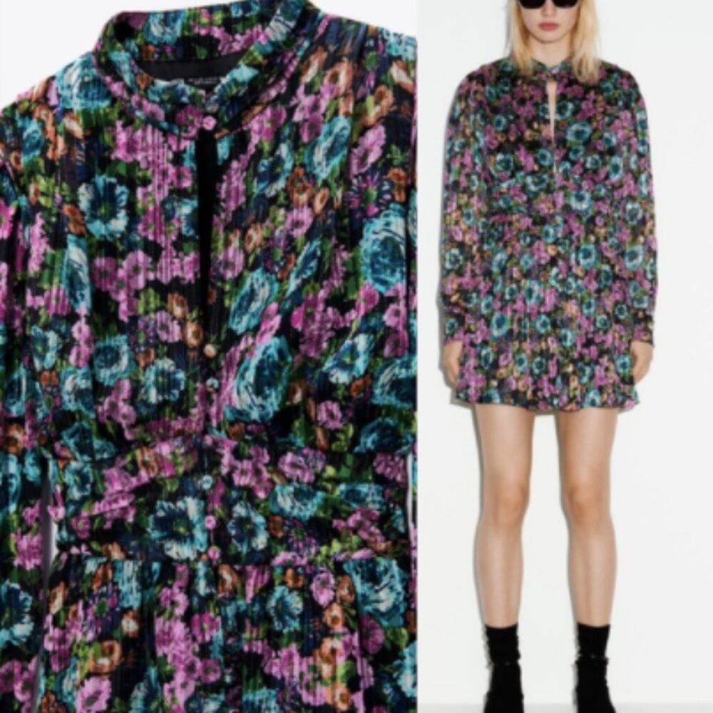 Zara Black Floral Print Button Front Mini Dress